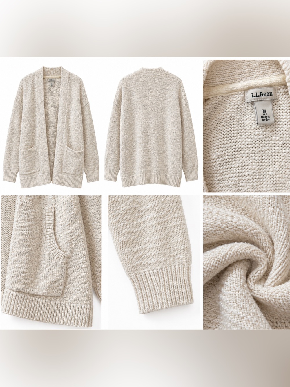 L.L.Bean 100% Cotton Cream Textured Knit Cardigan Sweater Size Medium